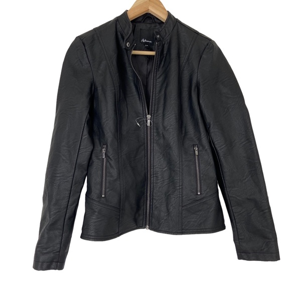 REITMANS BLACK FAUX LEATHER MOTO JACKET WITH METAL HARDWARE & BAND COLLAR, XS - Picture 1 of 11